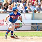 (Photo by Christian J. Stewart) Damiano Palmegiani of Surrey, B.C., smacked a two-run single in the seventh inning in the Lefties 13-5 win Sunday in Victoria, B.C., over Union de Reyes from Cuba.