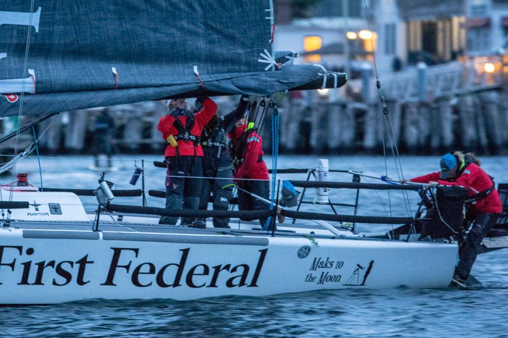 Team Sail Like A Girl of Bainbridge Island prepares to start in the Race to Alaska on Monday morning. (Jesse Major/Peninsula Daily News)