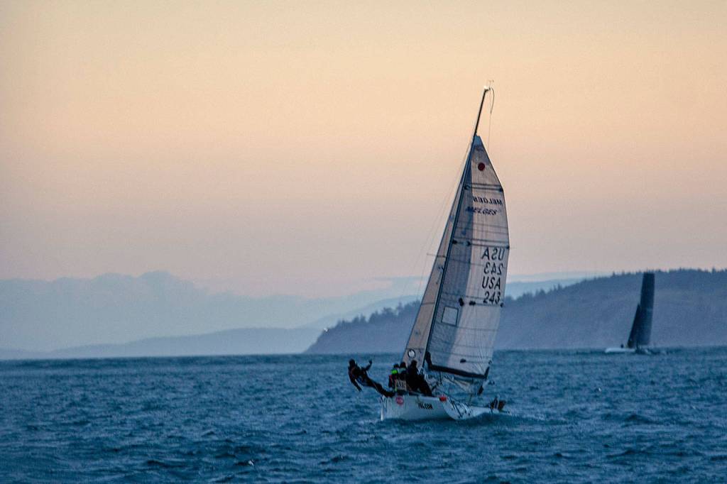 A team sails in the Race To Alaska Monday morning. (Jesse Major/Peninsula Daily News)