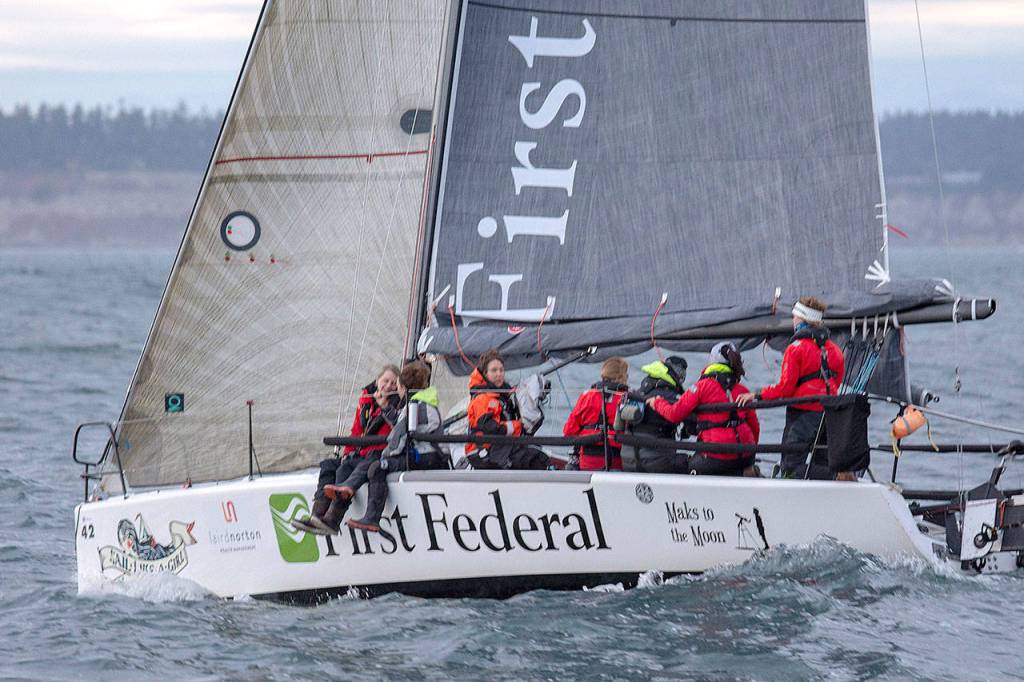 Team Sail Like a Girl of Bainbridge Island sails during the first leg of the Race to Alaska on Monday. (Jesse Major/Peninsula Daily News)