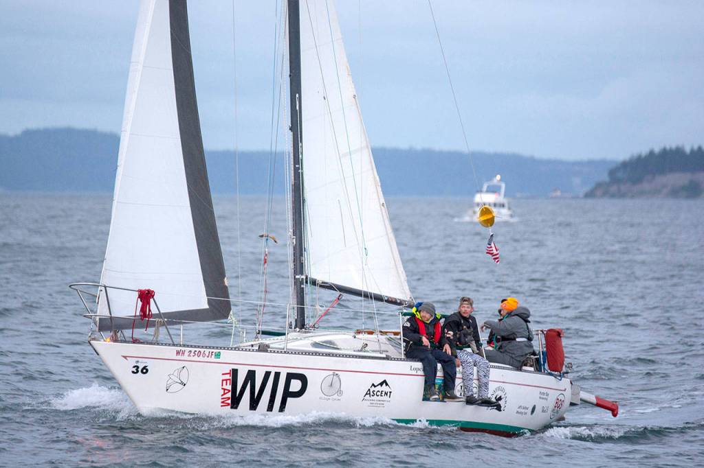 Team WIP sails in the Race to Alaska on Monday morning. (Jesse Major/Peninsula Daily News)