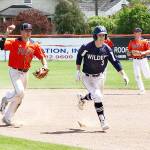Dave Logan/for Peninsula Daily News Wilders Milo Whitman gets caught in a rundown against Bellingham Post No. 7 on Sunday at Civic Field. Whitman had a walkoff hit in the bottom of the seventh inning to help Wilder beat Bellingham 3-2. Wilder also won the second half of a doubleheader 12-2.