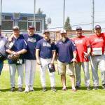 Ten members of the Aggies Senior Babe Ruth team of 1987 were able to make it to Civic Field for a little baseball fun and memories shared. From left are Aggies coach Scott Brodun, John Kvinsland, Rob Merritt, Dave McCrorie, George Drake, Tom Kuch, Thor Gunderson, Darrin Doty, Jeff Fryer and John Schiefelbein.