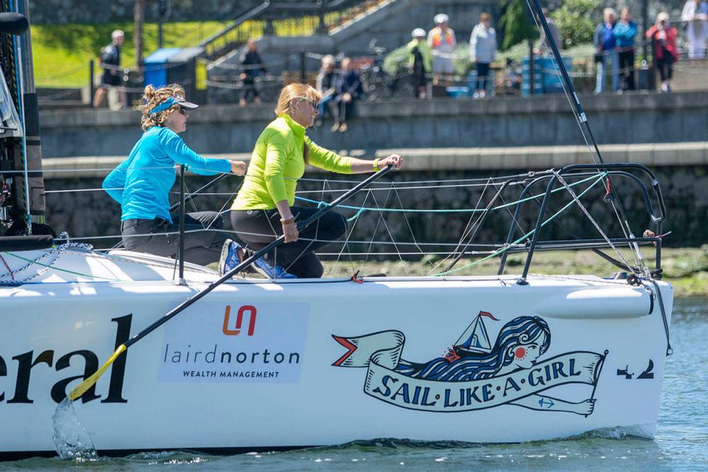 Team Sail Like A girl, which won the Race to Alska last year, makes its way through Victorias Inner Harbour on Thursday. (Jesse Major/Peninsula Daily News)
