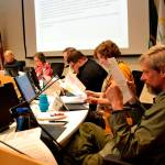 Sequim City Council members read documents that were submitted just prior and at the May 28 meeting during a 15-minute recess. They later unanimously approved a 71-lot addition to Jennies Meadow but denied a variance to use the existing road as-is on Jennies Meadow Lane. (Matthew Nash/Olympic Peninsula News Group)