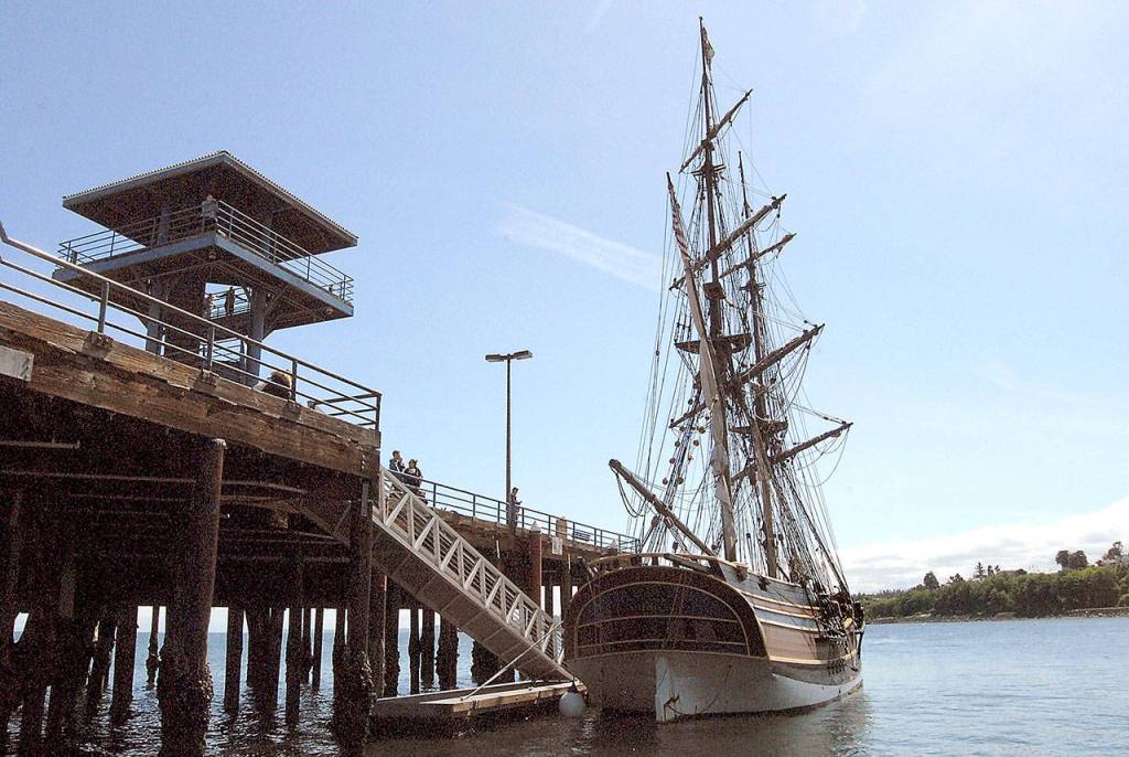 The tall ship Lady Washington, a star attraction of the Port Angeles Maritime Festival, sits moored at Port Angeles City Pier on Saturday. (Keith Thorpe/Peninsula Daily News)