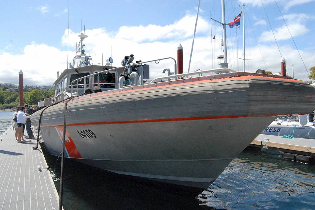 A U.S. Coast Guard 64-foot special purpose craft-screening vessel sits open for tours while docked at Port Angeles City Pier. (Keith Thorpe/Peninsula Daily News)