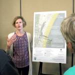 Anna Spooner, a senior landscape architect from Anchor QEA of Seattle, discusses the preliminary preferred alternative for the Fort Worden State Park area that encompasses the pier, boat launch and Port Townsend Marine Science Center. The $10.4 million plan will be submitted to the state Office of Financial Management for consideration in future legislative budget cycles. (Brian McLean/Peninsula Daily News)