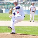 Wilder pitcher Brody Merritt started Game 1 Sunday against the Blaze. Playing first base is Bo Bradow. (Dave Logan/for Peninsula Daily News)