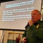 Border Patrol Agent Matthew Rainwater, who recently returned from 30 days of duty on the southern border, reviewed the agencys challenges during a presentation Tuesday. (Paul Gottlieb/Peninsula Daily News)