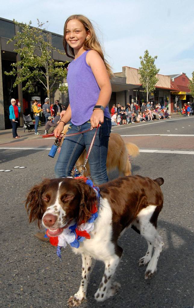 Ella Garcelon, 11, a member of the Silver Spurs 4-H Club, marches down First Street with her dog, Sherman, on Thursday evening. (Keith Thorpe/Peninsula Daily News)