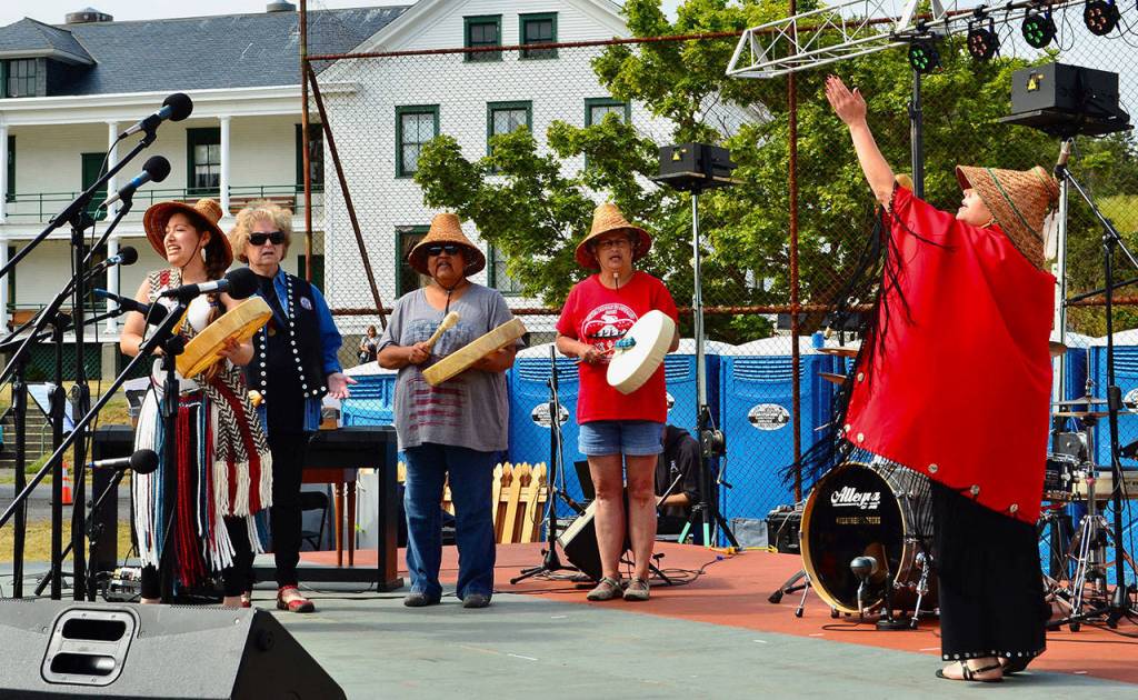 Jamestown SKlallam Singers, from left, Loni Greninger, Julie Prince Powers, Charlene Diick, Ann Tjemsland and Ginnie Kitzmiller open the entertainment at the Old School 4th of July celebration at Fort Worden. (James Cook/for Peninsula Daily News)
