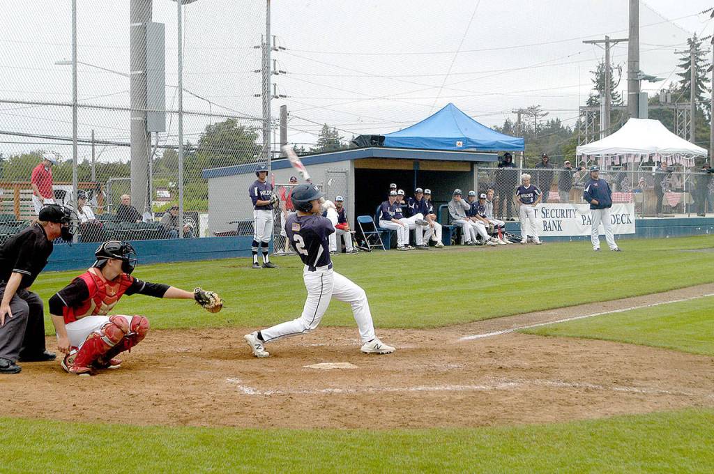 Pierre LaBossiere/Peninsula Daily News Wilders Gavin Guerrero takes a swing in Sundays game against Australia Black. Wilder lost the game 3-2 ina pitchers duel with the eventual Firecracker Invitational champion.