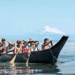 Members of the Mowachaht Tribes canoe family arrive at Jamestown during the Paddle to Puyallup in 2018. This year tribes are participating in the Paddle to Lummi. (Jesse Major/Peninsula Daily News)