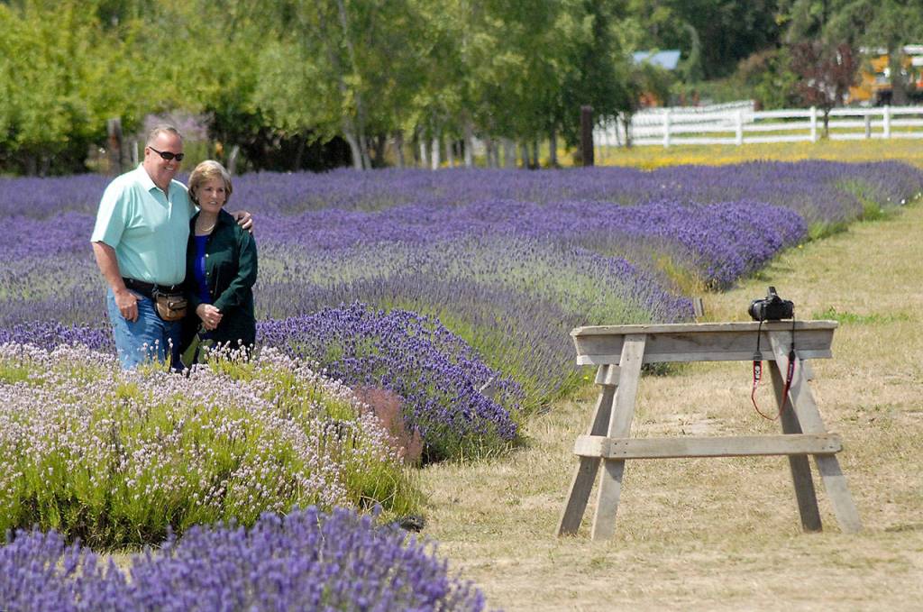 Rich and Miranda Brough of Sequim take a selfie the old-fashioned way with camera set on a timer at B&B Family Farm. (Keith Thorpe/Peninsula Daily News)