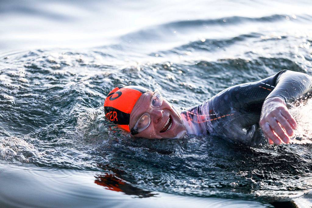 Rob DeCou swims Saturday during his attempt to cross the Strait of Juan de Fuca. (Luke Rafferty)