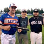 Port Angeles Lefties all-star Matthew Christian, left, is joined by West Coast League Commissioner Rob Neyer and Bend Elks slugger Gabe Gonzalez after Christian defeated Gonzalez in the WCL Home Run Derby Monday night at Vince Genna Stadium in Bend, Ore.                                West Coast League