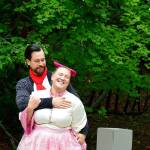 Kate (Jennifer Horton) and Petruchio (Randy Powell) get along for a moment in The Taming of the Shrew, now playing in the Websters Woods meadow at the Port Angeles Fine Arts Center. (Diane Urbani de la Paz/for Peninsula Daily News)