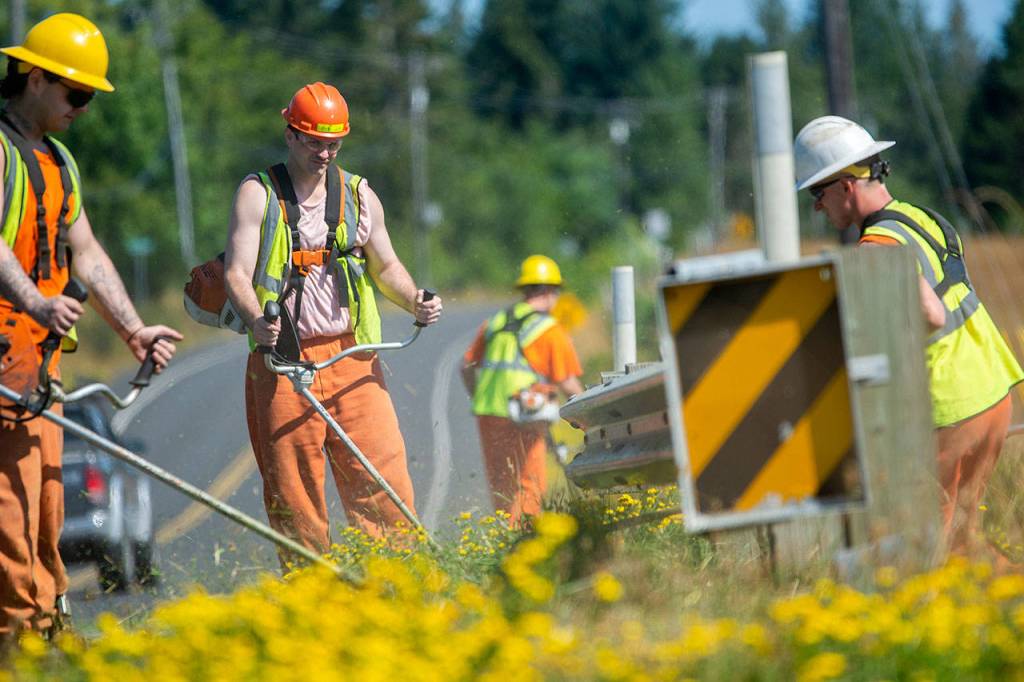 Members of the Clallam County Chain Gang clear vegetation from guard rails on Deer Park Road on Monday. The Clallam County Sheriffs Office plans to add a third chain gang. (Jesse Major/Peninsula Daily News)