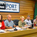 A joint meeting Monday brought together, from left, Port of Port Angeles Commisioners Colleen McAleer, Steven Burke and Connie Beauvais and Clallam County Commissioners Mark Ozias and Randy Johnson. (Paul Gottlieb/Peninsula Daily News)