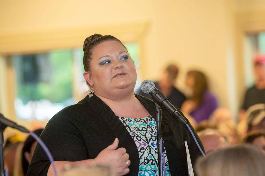 Miranda Beck, who is in recovery from heroin addiction, talks about how she uses medication-assisted treatment in her recovery on Thursday. (Jesse Major/Peninsula Daily News)