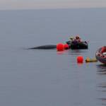A response team arrives near Tatoosh Island to free an entangled humpback whale. The team included members from SR3: Sealife Response, Rehabilitation, and Research; Cascadia Research Collective; the Makah Tribe; the state Department of Fish and Wildlife; and World Vets. (NOAA Fisheries)