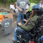 Retired Port Angeles police chief Terry Gallagher speaks with Sea To Sound host Ian Mackay near the banks of the Elwha River at the beginning of Saturdays ride to the Jefferson County line. (Keith Thorpe/Peninsula Daily News)