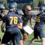 Lonnie Archibald/for Peninsula Daily News New Forks head football coach Trevor Highfield leads players through a preseason practice.