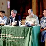 John Wynands, second from left, the Olympic Region administrator for the state Department of Transportation, presents the agencys plans Thursday night in Quilcene for a roundabout at state Highway 104 and Paradise Bay and Shine roads. He is flanked by Joseph Perez, WSDOTs planning and project manager, left, and Monte Reinders, Jefferson Countys public works director. State Patrol Sgt. Brian George is on the far right. (Brian McLean/Peninsula Daily News)