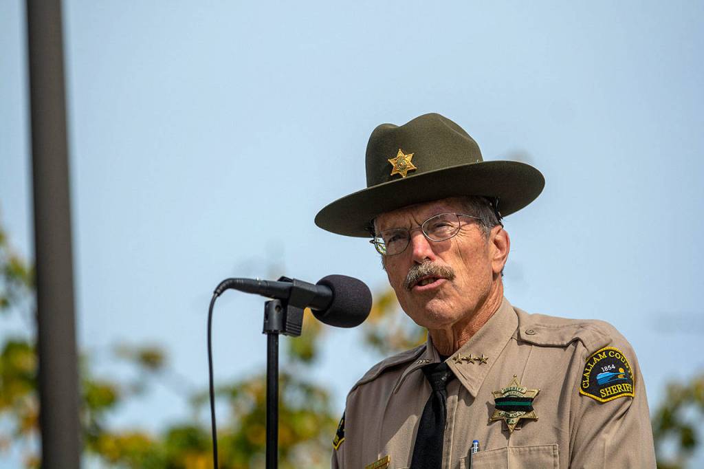 Clallam County Sheriff Bill Benedict speaks during a ceremony in Port Angeles honoring public safety officials on the 18th anniversary of the 9/11 terrorist attacks Wednesday. (Jesse Major/Peninsula Daily News)