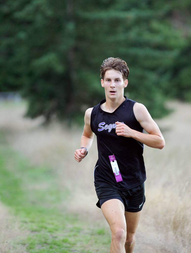 Sequim junior Eli Gish places third in a cross country meet held at Robin Hill County Park on Wednesday.