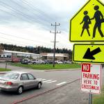 A car approaches a crosswalk across Lauridsen Boulevard in front of Franklin Elementary School in Port Angeles on Wednesday. (Keith Thorpe/Peninsula Daily News)