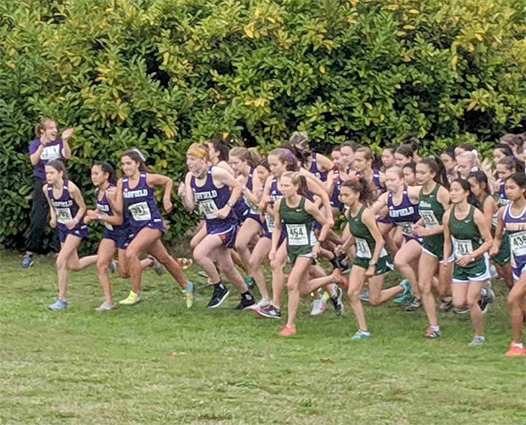 Port Angeles cross-country runners take off at an Olympic League meet at Battle Point Park in Bainbridge Island on Wednesday. The boys team came in first, while the girls team finished second.