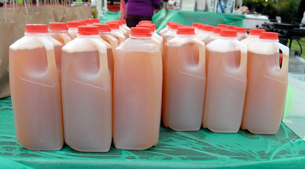 Jugs of freshly-pressed cider await the public at Applestock for a donation to the Salvation Army. (Keith Thorpe/Peninsula Daily News)