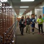 Stevens Middle School students take Karen Winther and Robert Skolnile on a tour of the building. (Jesse Major/Peninsula Daily News)