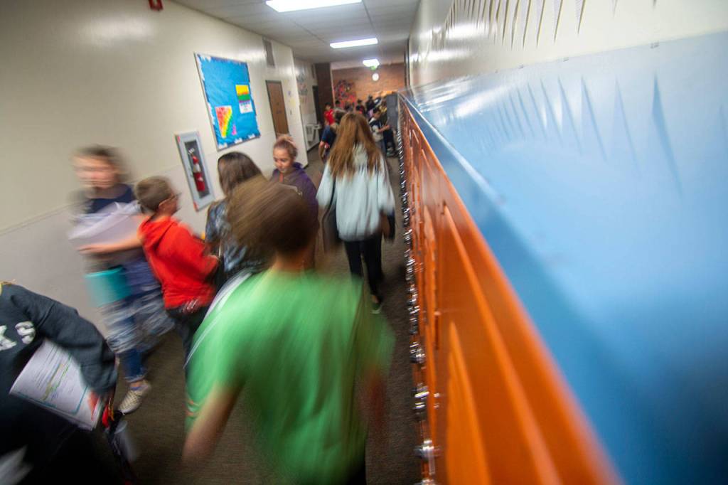 Students walk between classes during passing period at Stevens Middle School. (Jesse Major/Peninsula Daily News)