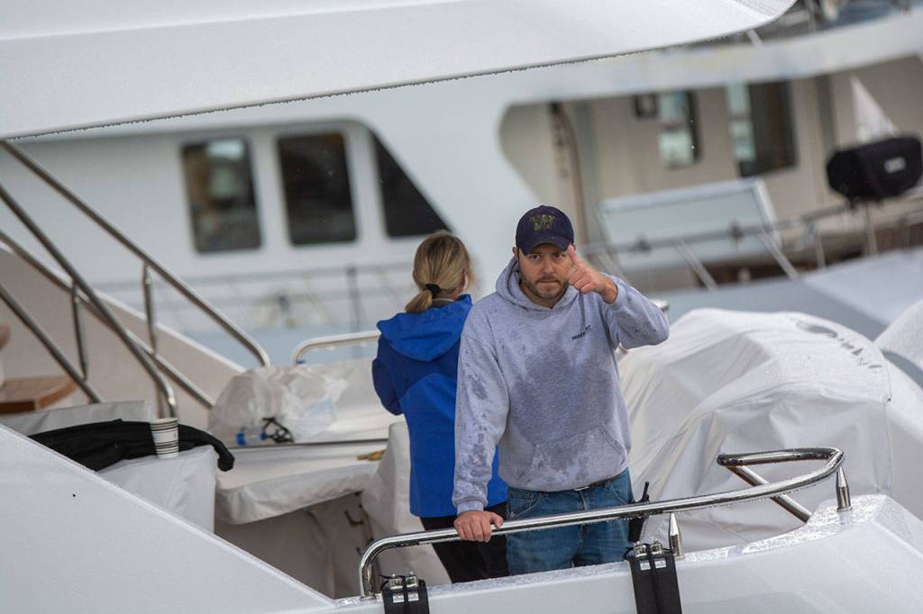 A Westport yacht smashed into docks at the Port Angeles Boat Haven on Monday morning, damaging several boats. (Jesse Major/Peninsula Daily News)