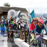 Skulptures Precarious Aquarius and Screws Loose line up for the Art Parade on Saturday on Water Street in Port Townsend. Both teams were Master Award winners after completing the entire race in the specified time limits, having the same pilots throughout and not removing equipment from their skulpture. (Zach Jablonski/Peninsula Daily News)