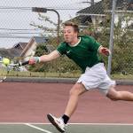 Reef Gelder, a Port Angeles High School freshman, plays the number one match against Olympic on Monday. (Dave Logan/for Peninsula Daily News)