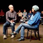 Ken Winters and Kristin Ulsund are in the foreground in this photograph of The Laramie Project: Ten Years Later. Visible in the background are, from left, Frank Barevich, Bob Bronsink, Barbara Frederick and Naomi Denhart. (Amy McIntyre)