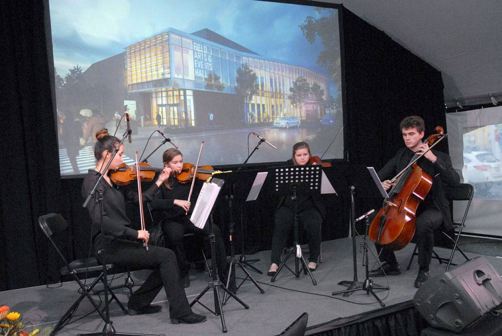 The Port Angeles High School String Quartet performs prior to the start of Fridays Field Arts & Events Center groundbreaking ceremony. (Keith Thorpe/Peninsula Daily News)