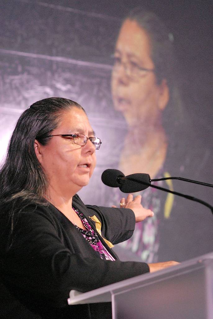 Lower Elwha Klallam tribal chairwoman Francis Charles speaks about a proposed longhouse to be built next to the Field Arts & Events Hall on the Port Angeles waterfront. (Keith Thorpe/Peninsula Daily News)