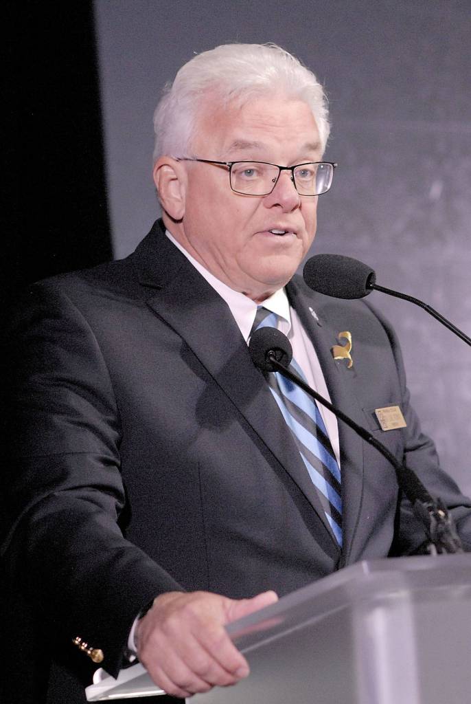 Peninsula College President Luke Robins, whose colleges foundation administered bequeathments for Field Hall, talks about college involvement in Field Hall and the Waterfront Center. (Keith Thorpe/Peninsula Daily News)