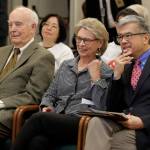 In this April 18, 2019, file photo, former Washington governors (from left) Dan Evans, Chris Gregoire and Gary Locke sit together before testifying in favor of Initiative 1000 before a joint Washington state House and Senate committee at the Capitol in Olympia. (AP Photo/Ted S. Warren, File)