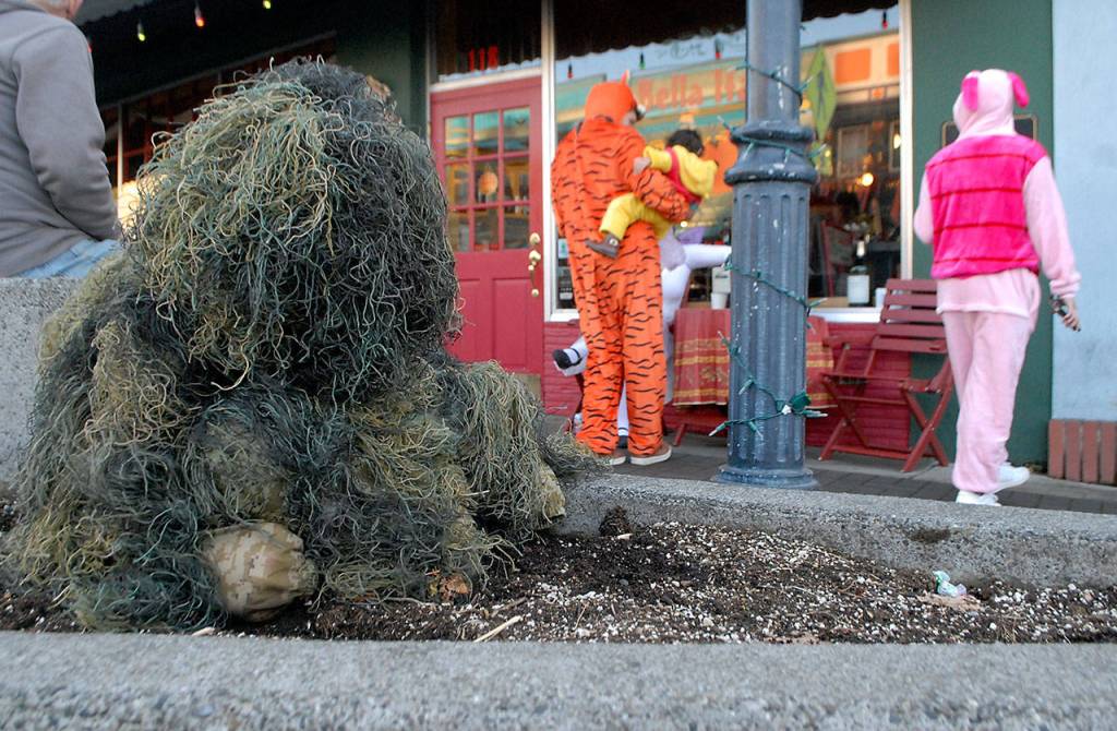 Tobin Reifenstahl, 12, of Port Angeles disguises himself as a bush to scare passers-by from a planter in downtown Port Angeles on Halloween. (Keith Thorpe/Peninsula Daily News)