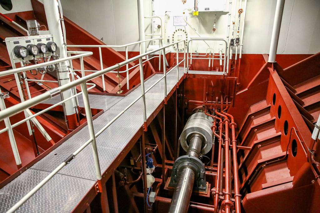 Shaft alley is seen aboard the MV Puyallup at the Eagle Harbor Maintenance Facility on Bainbridge Island last Thursday. (Kevin Clark/Everett Herald)