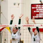 Ava Brenkman and Jaida Wood go up for a block in PAs opening game against Orting. (Mark Krulish/Kitsap News Group)