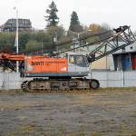 A construction crane sits at the site of the future Field Arts & Events Hall on Saturday after being delivered to the location on the Port Angeles waterfront earlier in the week. (Keith Thorpe/Peninsula Daily News)