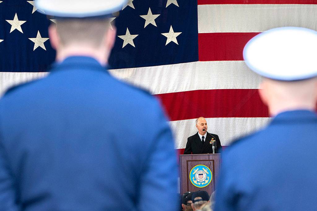 Rear Adm. Christopher Scotty Gray of the U.S. Navy provides his remarks during the Veterans Day ceremony at U.S. Coast Guard Air Station/Sector Field Office Port Angeles on Monday. (Jesse Major/Peninsula Daily News)