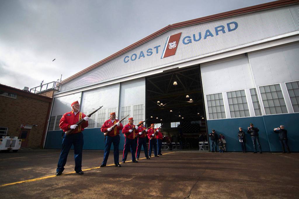 Members of the Mount Olympus Detachment of the Marine Corps League perform a three-volley rifle salute at the Veterans Day ceremony at U.S. Coast Guard Air Station/Sector Field Office Port Angeles on Monday. (Jesse Major/Peninsula Daily News)